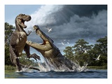 A Deinosuchus, an Alligator Ancestor, Lunges at an Albertosaurus.