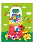 Two girls near a gumball machine