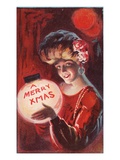 A Merry X Mas with a Woman Holding a Snowglobe