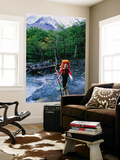 Hiker Crossing Rio Brian on Paine Circuit Trekking Route Laminated Oversized Art