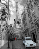 Paris-Red Girl Blue Car Mini Poster