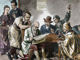 Reading the Newspaper in the Tavern, Colored Engraving, 1876.