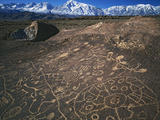 Curvilinear Abstract-Style Petroglyphs and Eastern Sierra Mountains, Bishop, California, Usa