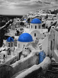 Bell Tower and Blue Domes of Church in Village of Oia, Santorini, Greece