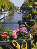 Buy Flower Filled Cart with Houseboats and Canal, Amsterdam, North Holland, the Netherlands at AllPosters.com