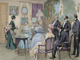 Meeting of Aristocratic Families in the Living Room. Colored Engraving by George Scott, 1892