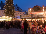 Christmas Market With Stalls, People and Christmas Tree, Markt Square, Annaberg-Bucholz, Germany