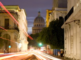 View Towards the Capitolio at Dusk With Light Trails of Traffic on a Busy Street, Havana, Cuba