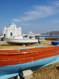 White Chapel With Blue Dome, Harbour and Boats, Hora, Mykonos, Cyclades, Greek Islands, Greece