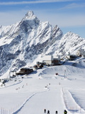 Skiers, Mountain Scenery in Cervinia Ski Resort, Cervinia, Valle D'Aosta, Italian Alps, Italy