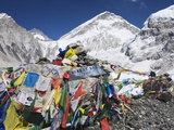 Buy Prayer Flags at the Everest Base Camp Sign, Sagarmatha National Park, Himalayas at AllPosters.com