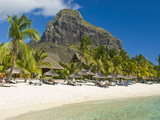 White Sand Beach of the Five Star Hotel Le Paradis, With Le Morne Brabant in Background, Mauritius