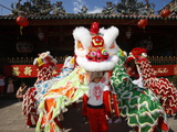 Lion Dance Performers, Chinese New Year, Quan Am Pagoda, Ho Chi Minh City, Vietnam