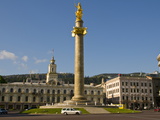 Golden Statue of St. George, With Freedom Hall Behind, on Tavisuplebis Moedani, Tiblisi, Georgia
