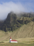 Icelandic Church Dwarfed By Mountains Rising Into Mist, Vik I Myrdal, South Iceland, Iceland
