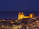 Norman Cathedral Lit Up at Dusk, Cefalu, Sicily, Italy, Mediterranean, Europe
