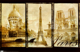 Paris (Triptych, Sacre Couer, Eiffel Tower, Notre Dame) Art Poster Print