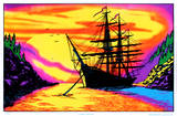 Sunset Bay Ship Flocked Blacklight Poster Art Print