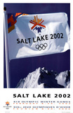 Salt Lake City 2002 Olympics Flag over Mountains