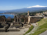 The Greek Amphitheatre and Mount Etna, Taormina, Sicily, Italy, Mediterranean, Europe