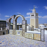 View over City and Great Mosque from Tiled Roof Top, Tunis, Tunisia, North Africa, Africa