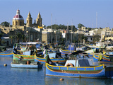 View across Harbour with Traditional Luzzu Fishing Boats, Marsaxlokk, Malta, Mediterranean, Europe