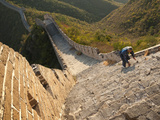 Chinese Man Climbs Great Wall of China, UNESCO World Heritage Site, Huanghuacheng (Yellow Flower) a