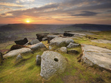 Sunset over Millstones, Froggatt and Curbar Edge, Peak District National Park, Derbyshire, England,