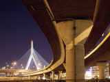 Concrete Highway Overpass and Leonard P. Zakim Bunker Hill Bridge, Boston, Massachusetts, Usa