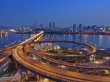 Korea, Seoul, Tukseom, Traffic on Cheongdam On-Ramp and Cheongdam Bridge, over Hangang Rvier