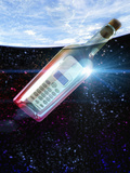 Illustration of a Cell Phone in a Clear Bottle Floating in the Ocean