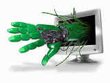 A Conceptual 3D Illustration of a Robot Hand and Wires Emerging from a Computer Screen
