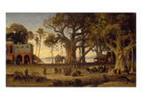 Moonlit Scene of Indian Figures and Elephants Among Banyan Trees, Upper India (Probably Lucknow)