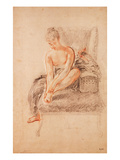 Semi-Nude Woman Seated on a Chaise Longue, Holding Her Foot (Sanguine and Black Chalk on Paper)