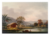 Figures Guiding a Sampan Round a Bend in a River, Past a Village (Oil on Canvas)