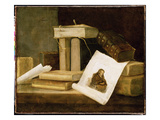 Still Life of Books and a Rembrandt Engraving (Oil on Canvas)