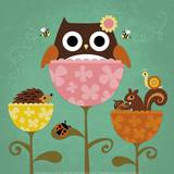 Owl, Squirrel and Hedgehog in Flowers Art Print