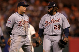 San Francisco, CA - Oct. 24:   Giants v Detroit Tigers - Miguel Cabrera  and Prince Fielder