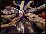 Pakistani Girls Show Their Hands Painted with Henna Ahead of the Muslim Festival of Eid-Al-Fitr Framed Canvas Print