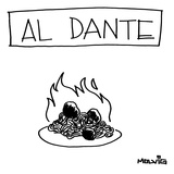 A plate of spaghetti and meatballs is burning in flames. Title: "Al Dante"… - New Yorker Cartoon