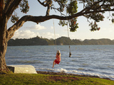 Young Girl on Rope Swing under Pohutukawa Tree, Oamaru Bay, Coromandel, North Island, New Zealand