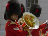 Coldstream Guards Band Practise at Wellington Barracks, Reflected in Brass Tuba, London, England