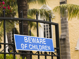Beware of Children Sign on a Gate, Notre Dame Des Anges Church, Mahebourg, Mauritius
