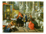 Collector Surrounded by Sculptures: Michelangelo's Moses, Bernini's David, Drawing Students