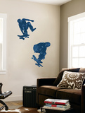 Skate Boarders In Action With Graphic Style Coloring (Blue) Huge Mural Art Print Poster