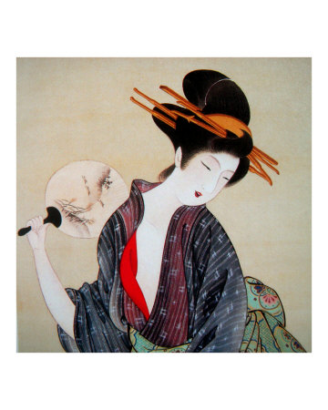 Japanese Geisha with Fan Giclee Print zoom view in room