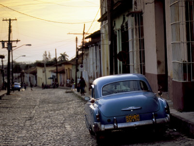 Cobbled Street at Sunset with Old American Car Trinidad Sancti Spiritus 
