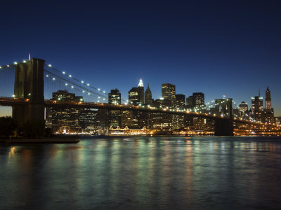 Manhattan Skyline and Brooklyn Bridge at Dusk New York City New York USA