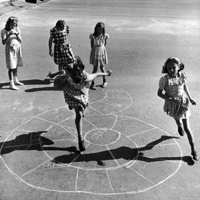 Girls Playing Hopscotch in the Street Premium Photographic Print
