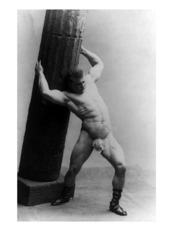 Eugen Sandow Strong Man and Body Builder Wearing Fig Leaf and Holding Pillar